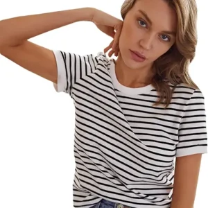 Stripe Printed Short Sleeve Regular Fit Top for Women